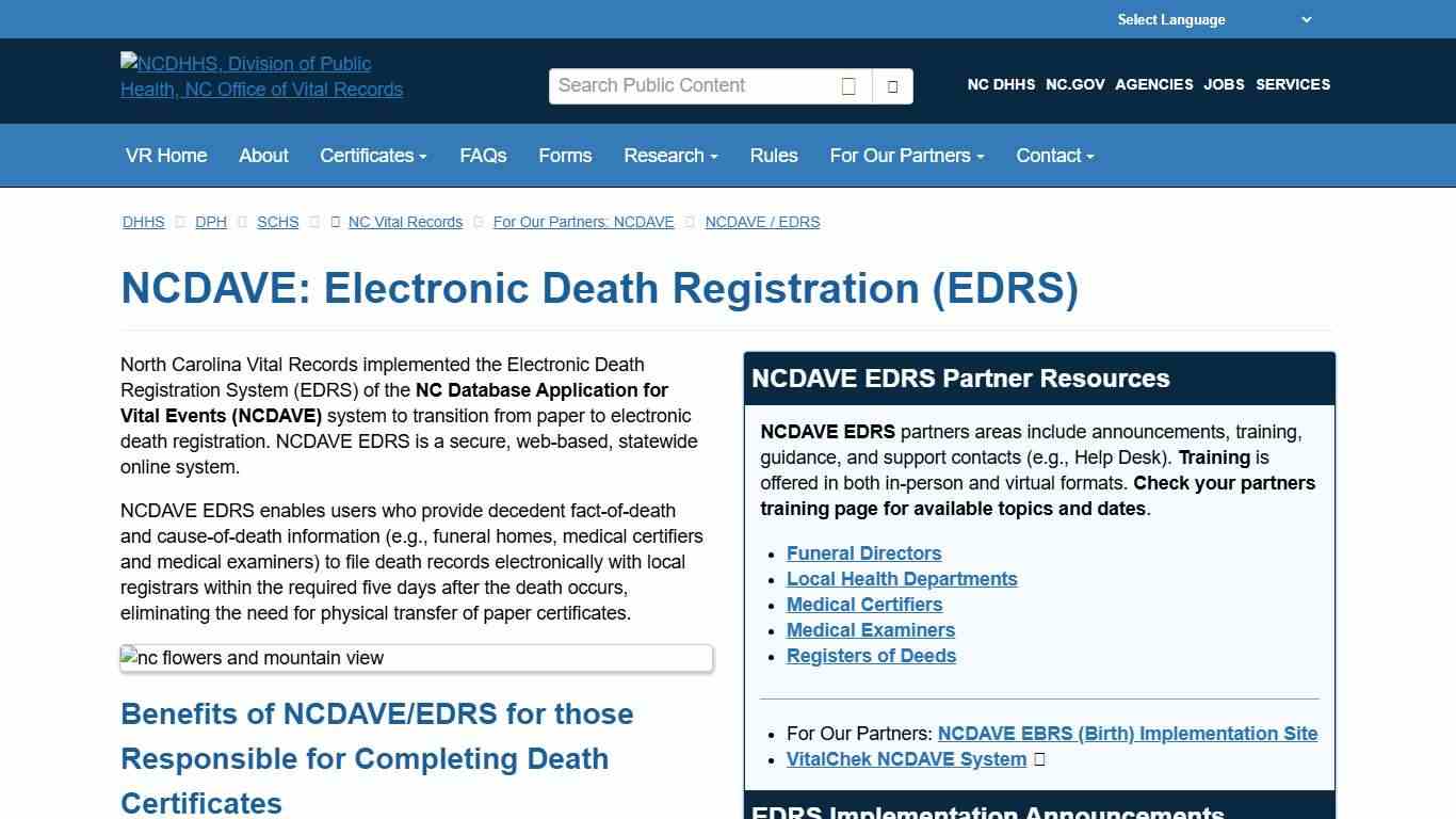 NCDHHS: DPH: NC Vital Records: NCDAVE / EDRS